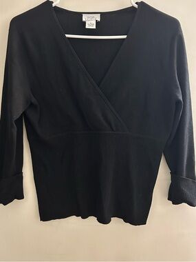LOFT Black Ribbed Wrap-Front Long Sleeve Top